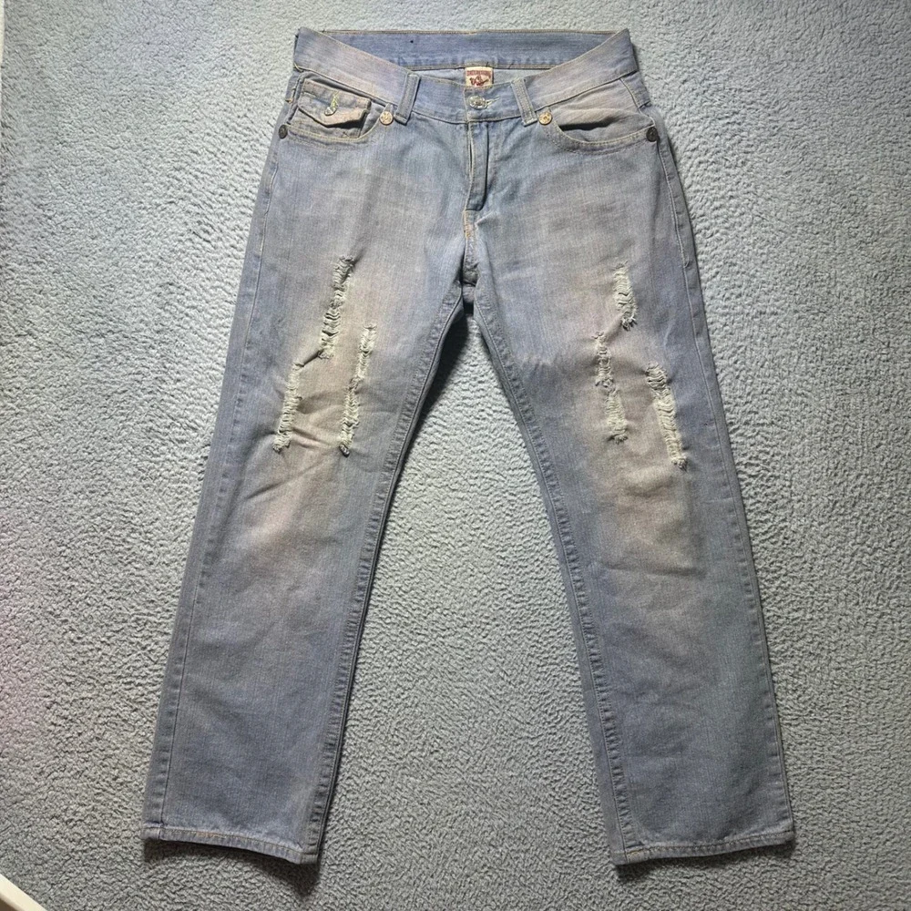 True Religion Billy Super T Jeans Men‎ 34 USA Made Distressed Light Wash Flap